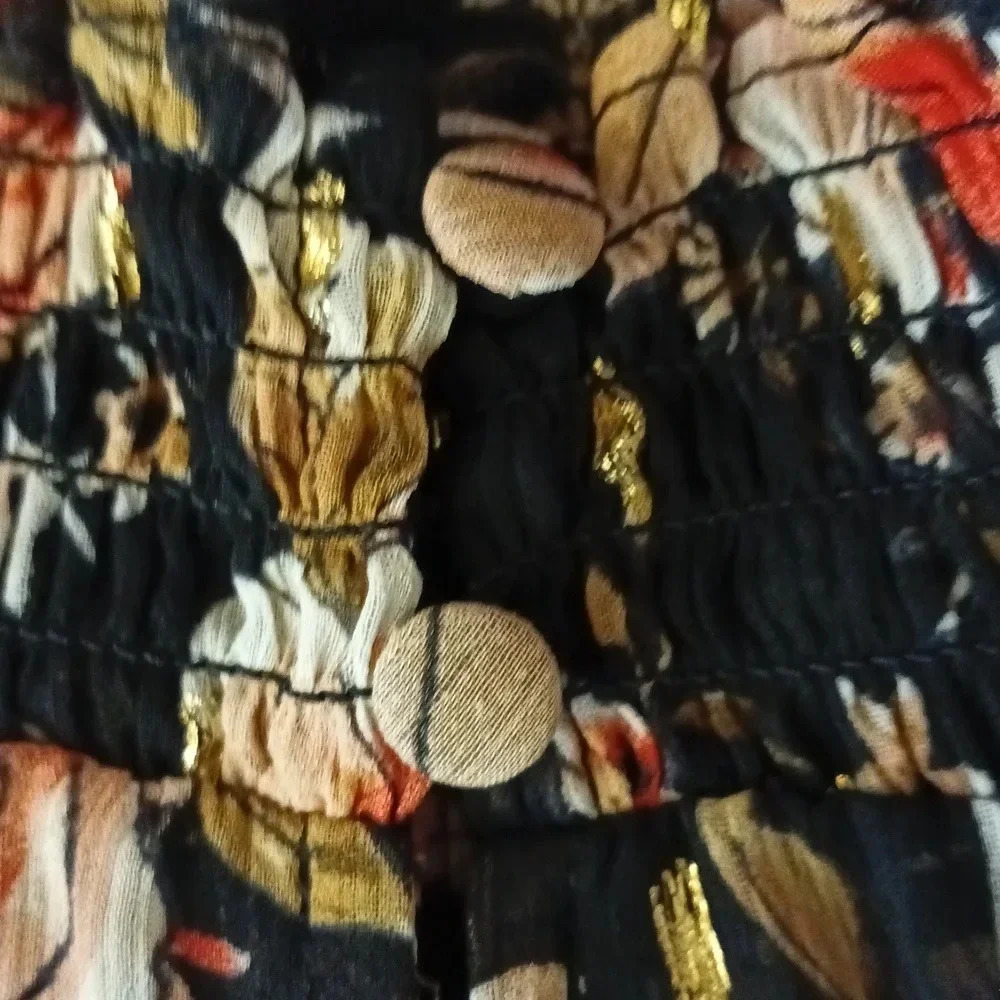 Floral sheer boho gathered mock neck flowy ruffle shimmer wide sleeve M - Picture 15 of 16